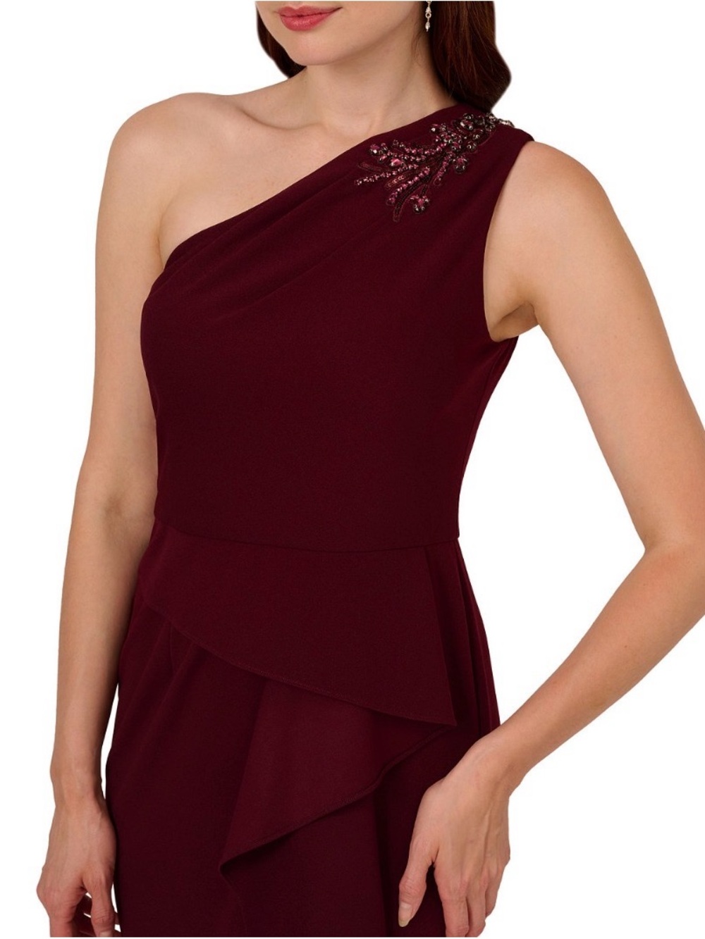 Adrianna Papell One-Shoulder Wine Beaded Shoulder Dress